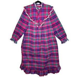 VTG LynAnne Womens Plaid Nightgown Long Sleeve Ruffle Lace Trim Flannel Cotton L